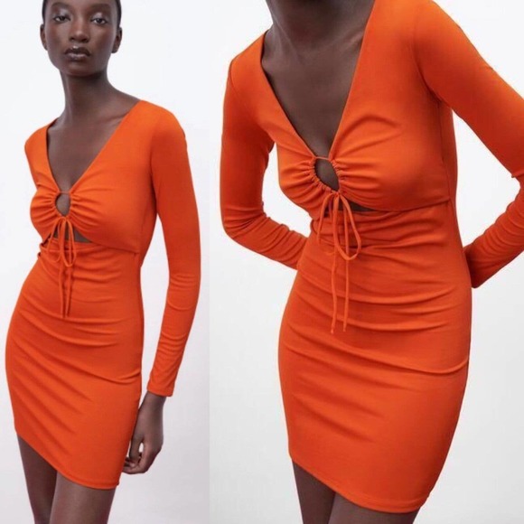 Zara NEW Womens Size Medium Body-Con Cut Out Summer Dress Knee Length Going Out - Picture 2 of 12